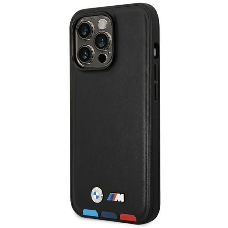 BMW BMHMP14L22PTDK Apple iPhone 14 Pro dėklas, Leather Stamp Tricolor MagSafe, juodas