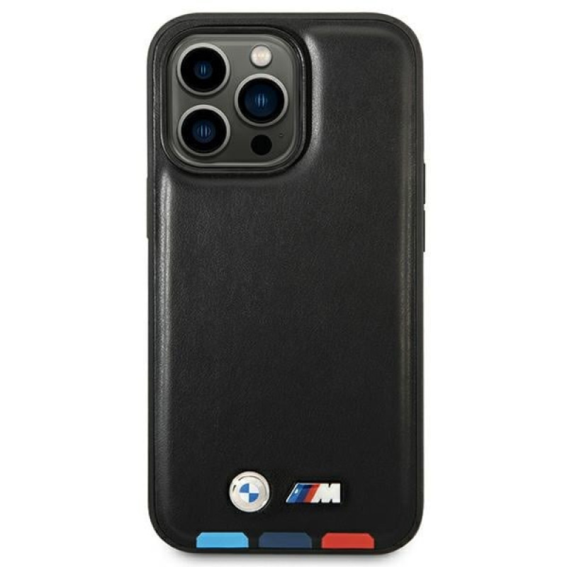 BMW BMHMP14L22PTDK Apple iPhone 14 Pro dėklas, Leather Stamp Tricolor MagSafe, juodas
