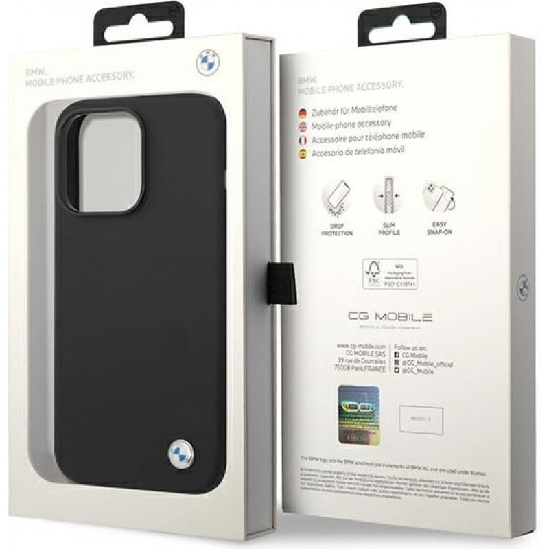 BMW BMHCP14XSILBK silikoninis kietasis dėklas su metaliniu logotipu, skirtas Apple iPhone 14 Pro Max 6.7", juodas