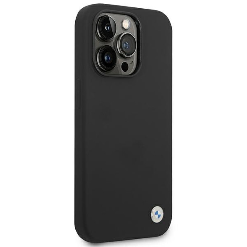 BMW BMHCP14XSILBK silikoninis kietasis dėklas su metaliniu logotipu, skirtas Apple iPhone 14 Pro Max 6.7", juodas