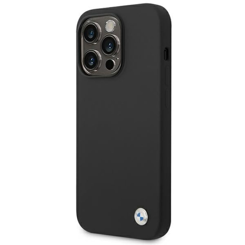 BMW BMHCP14LSILBK Apple iPhone 14 Pro dėklas, Silicone Metal Logo, juodas