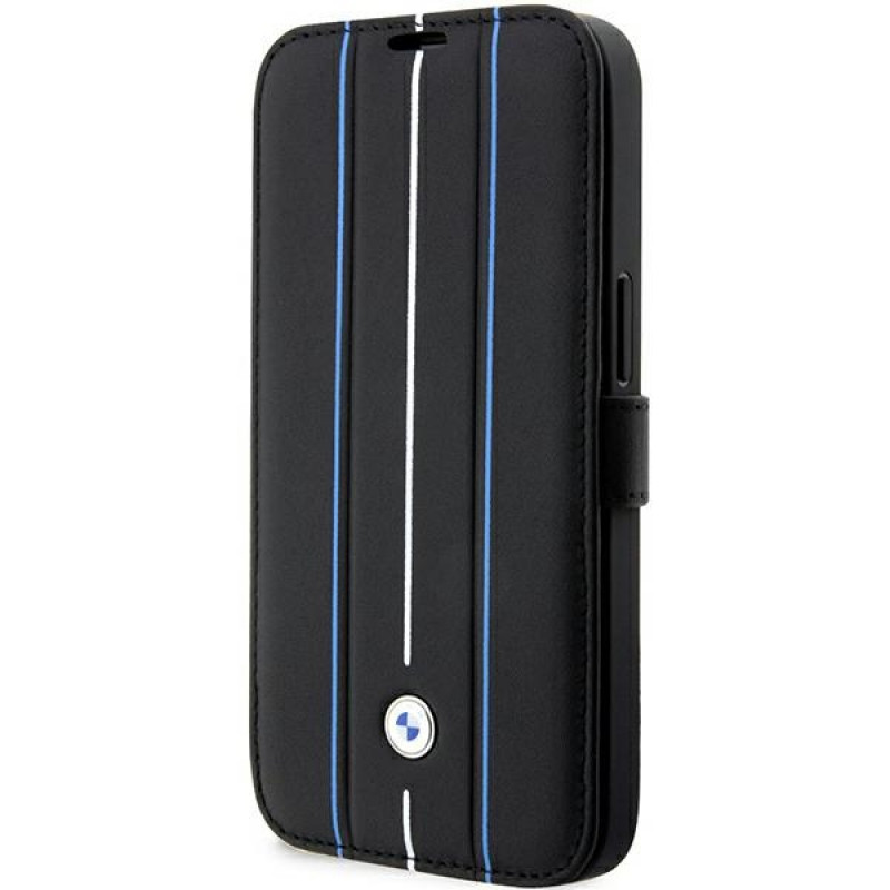 BMW BMBKP14L22RVSK Leather Stamp Blue Lines knygelės tipo dėklas, skirtas Apple iPhone 14 Pro 6.1", juodas