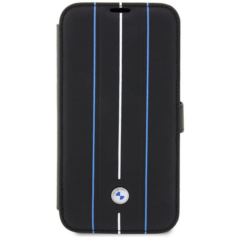 BMW BMBKP14L22RVSK Leather Stamp Blue Lines knygelės tipo dėklas, skirtas Apple iPhone 14 Pro 6.1", juodas