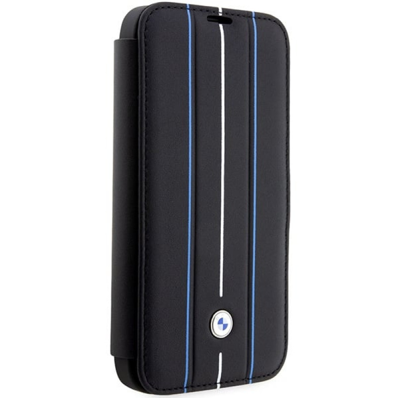BMW BMBKP14L22RVSK Leather Stamp Blue Lines knygelės tipo dėklas, skirtas Apple iPhone 14 Pro 6.1", juodas