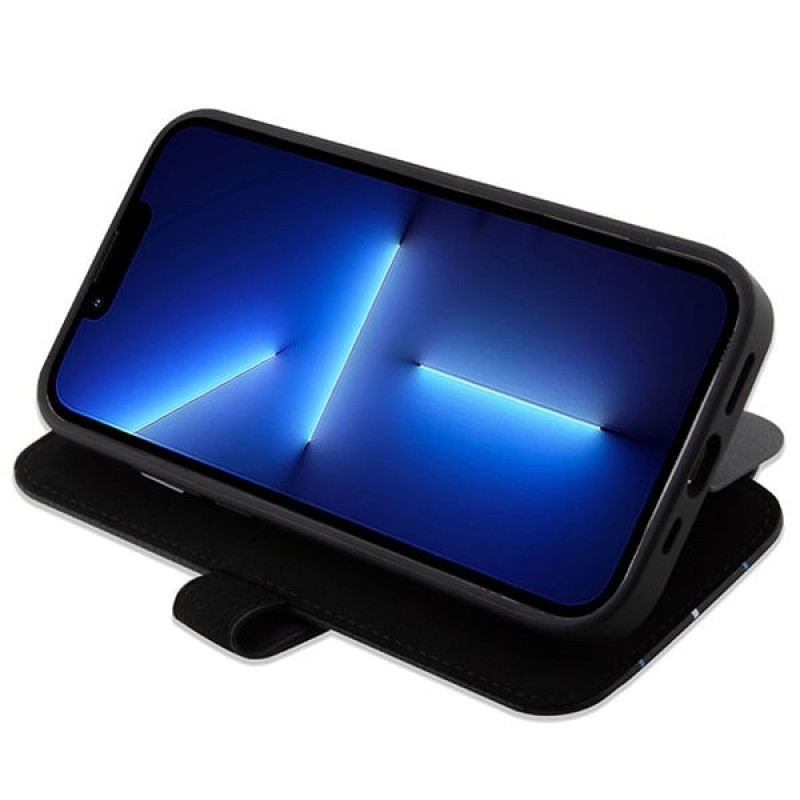 BMW BMBKP14L22RVSK Leather Stamp Blue Lines knygelės tipo dėklas, skirtas Apple iPhone 14 Pro 6.1", juodas