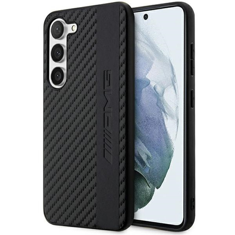 Mercedes-AMG AMHCS23SBLSCA Carbon Stripe & Embossed kietasis dėklas, skirtas Samsung Galaxy S23 (S911), juodas