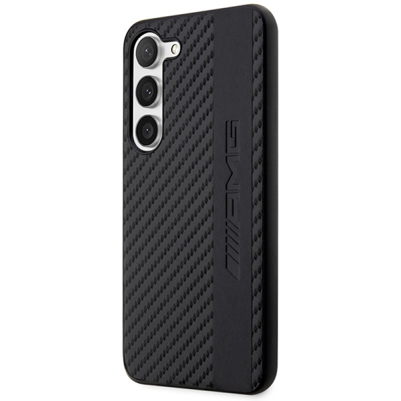 Mercedes-AMG AMHCS23SBLSCA Carbon Stripe & Embossed kietasis dėklas, skirtas Samsung Galaxy S23 (S911), juodas