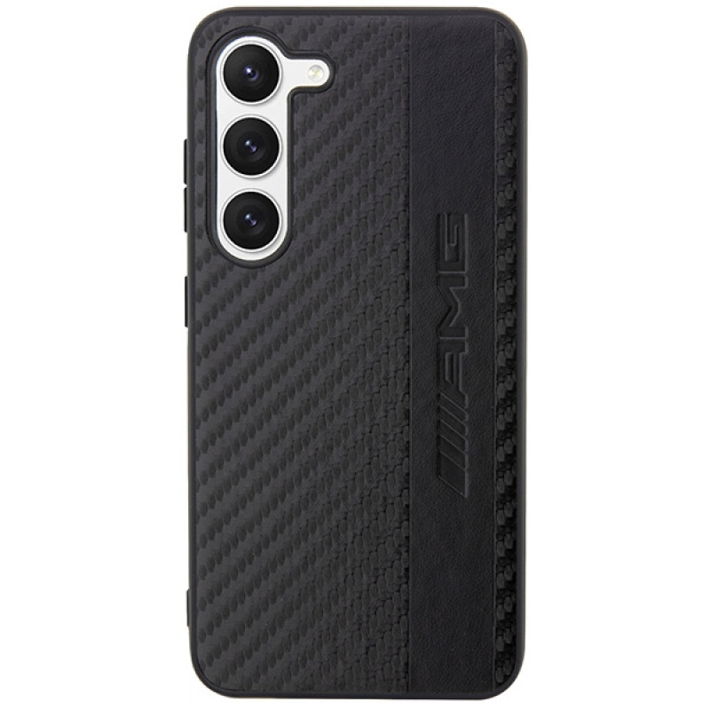Mercedes-AMG AMHCS23SBLSCA Carbon Stripe & Embossed kietasis dėklas, skirtas Samsung Galaxy S23 (S911), juodas