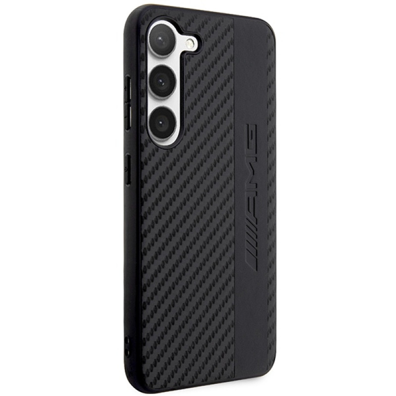 Mercedes-AMG AMHCS23SBLSCA Carbon Stripe & Embossed kietasis dėklas, skirtas Samsung Galaxy S23 (S911), juodas