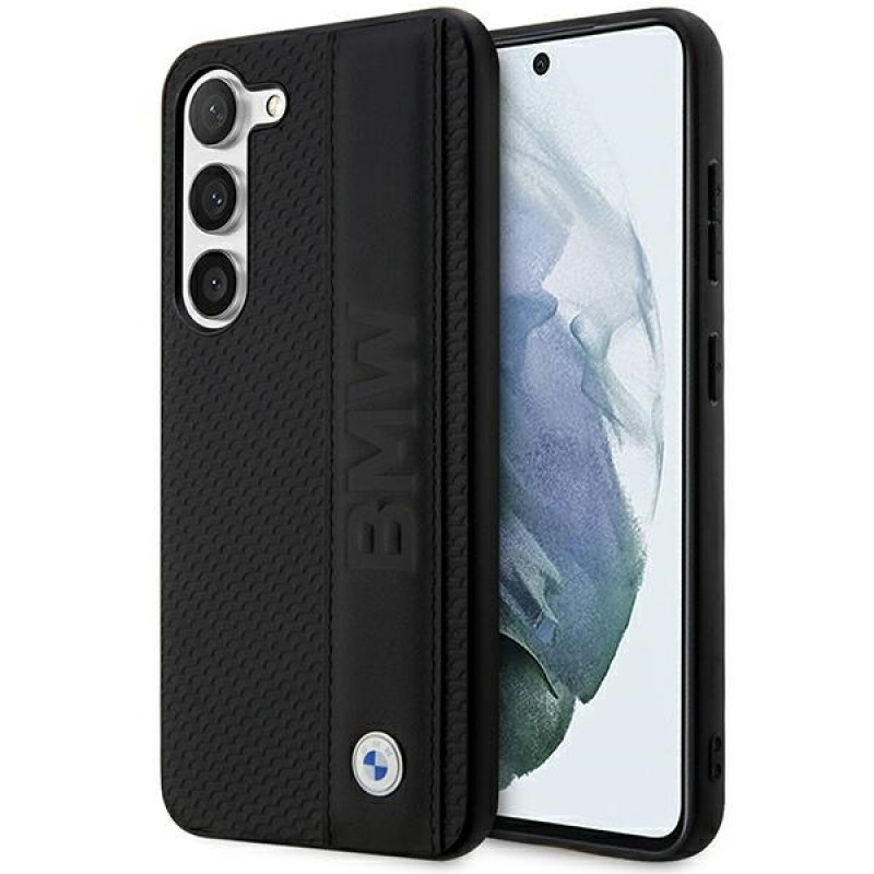 BMW BMHCS23M22RDPK Leather Textured & Stripe kietasis dėklas, skirtas Samsung Galaxy S23+ (S916), juodas