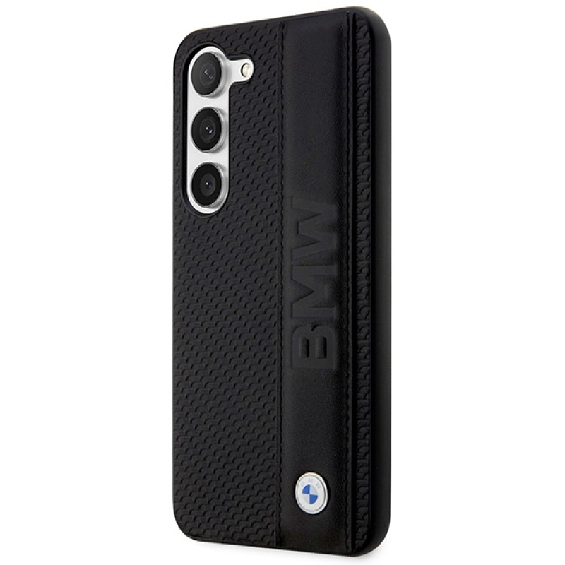 BMW BMHCS23M22RDPK Leather Textured & Stripe kietasis dėklas, skirtas Samsung Galaxy S23+ (S916), juodas