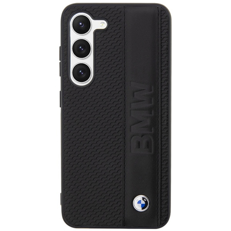 BMW BMHCS23M22RDPK Leather Textured & Stripe kietasis dėklas, skirtas Samsung Galaxy S23+ (S916), juodas