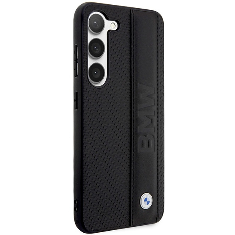 BMW BMHCS23M22RDPK Leather Textured & Stripe kietasis dėklas, skirtas Samsung Galaxy S23+ (S916), juodas