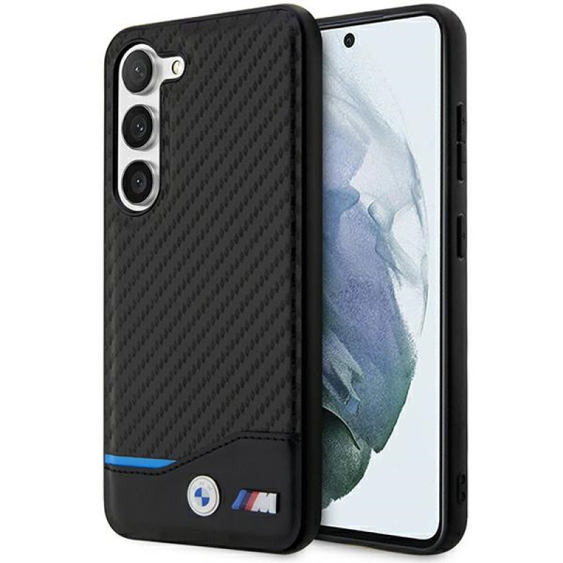 BMW BMHCS23M22NBCK Leather Carbon kietasis dėklas, skirtas Samsung Galaxy S23+ (S916), juodas