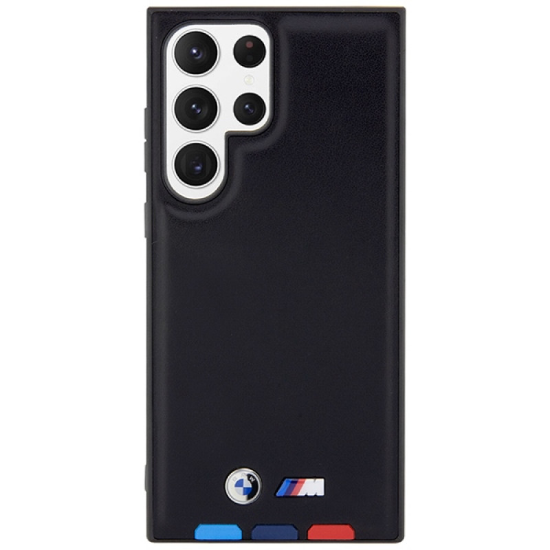 BMW BMHCS23L22PTDK Leather Stamp Tricolor kietasis dėklas, skirtas Samsung Galaxy S23 Ultra (S918), juodas