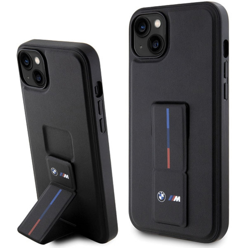 BMW Grip Stand Hot Stamp dėklas, skirtas Apple iPhone 14 / 15 / 13, juodas