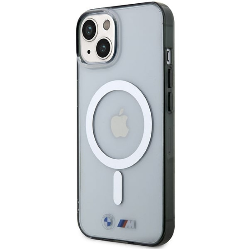 BMW BMHMP14MHCRS Silver Ring MagSafe kietasis dėklas, skirtas Apple iPhone 14 Plus / 15 Plus, permatomas