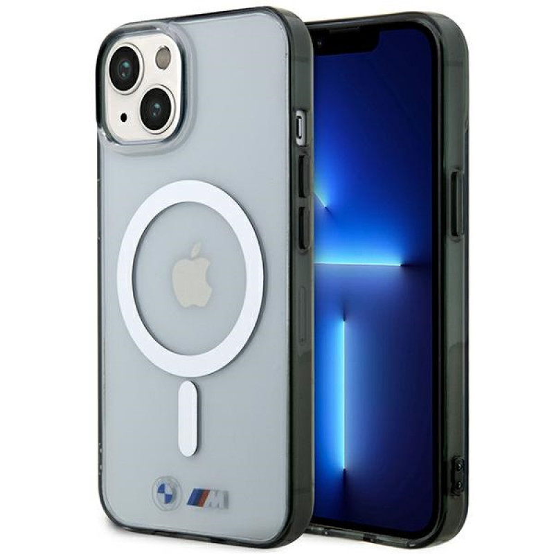 BMW BMHMP14SHCRS Silver Ring MagSafe kietasis dėklas, skirtas Apple iPhone 14, permatomas