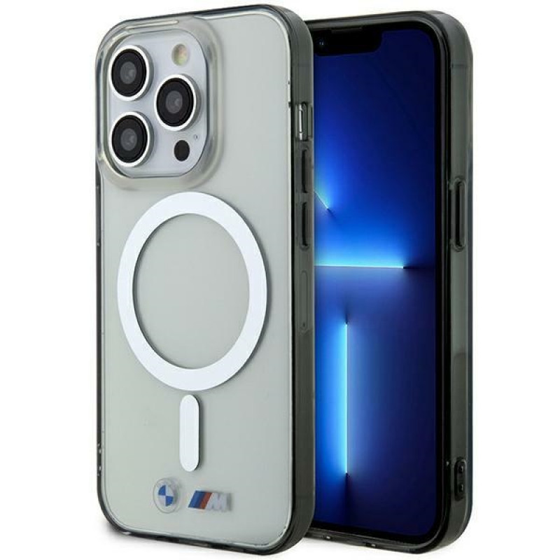 BMW BMHMP14XHCRS Silver Ring MagSafe kietasis dėklas, skirtas Apple iPhone 14 Pro Max, permatomas