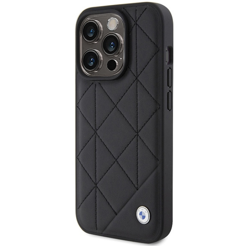 BMW BMHCP15X22RQDK odinis dygsniuotas dėklas, skirtas Apple iPhone 15 Pro Max, juodas