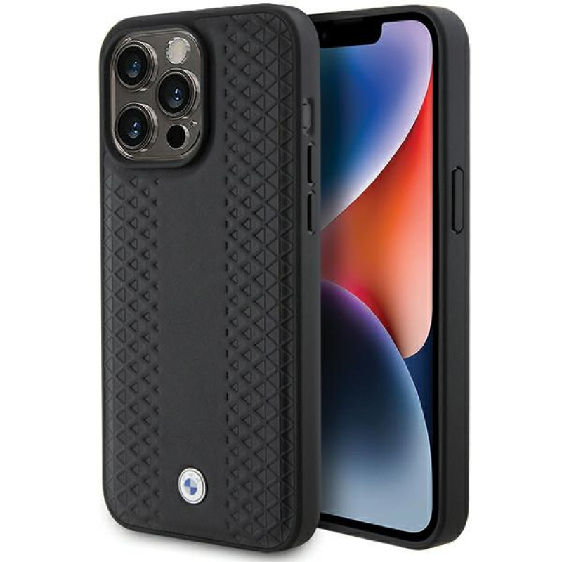 BMW BMHCP15L22RFGK odinis deimantų rašto dėklas, skirtas Apple iPhone 15 Pro, juodas
