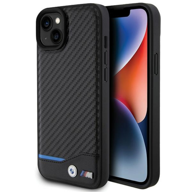 BMW BMHCP15M22NBCK Leather Carbon kietasis dėklas, skirtas Apple iPhone 15 Plus / 14 Plus, juodas