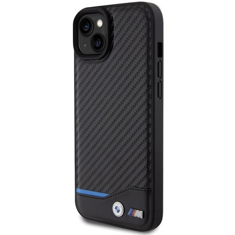 BMW BMHCP15M22NBCK Leather Carbon kietasis dėklas, skirtas Apple iPhone 15 Plus / 14 Plus, juodas