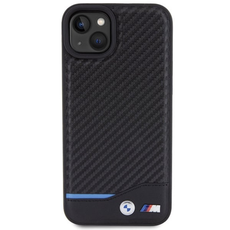 BMW BMHCP15M22NBCK Leather Carbon kietasis dėklas, skirtas Apple iPhone 15 Plus / 14 Plus, juodas