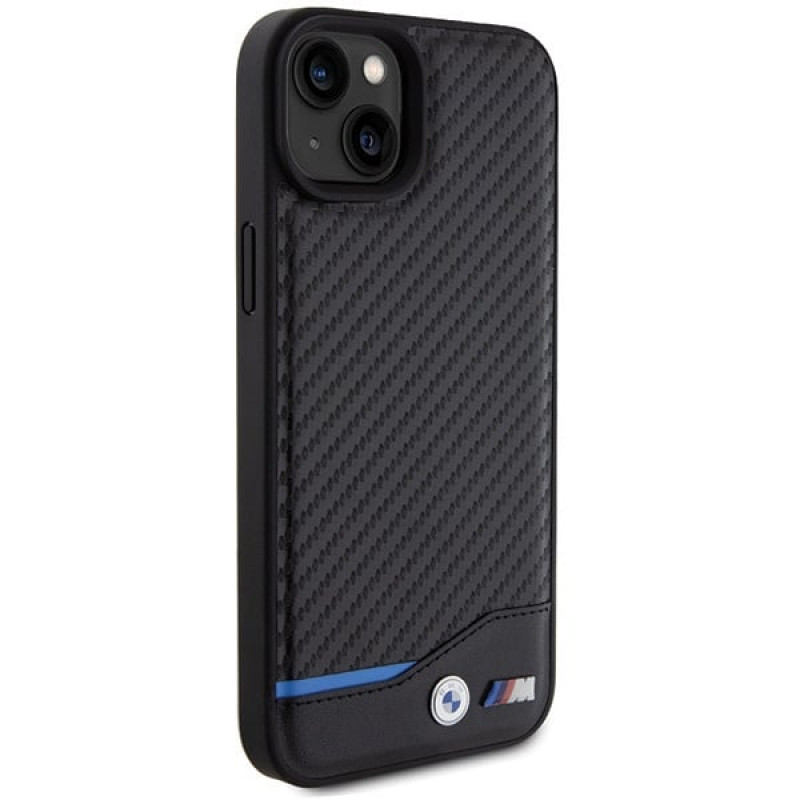 BMW BMHCP15M22NBCK Leather Carbon kietasis dėklas, skirtas Apple iPhone 15 Plus / 14 Plus, juodas