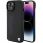BMW BMHMP15MSLLBK Leather Hot Stamp MagSafe dėklas, skirtas Apple iPhone 15 Plus / 14 Plus, juodas