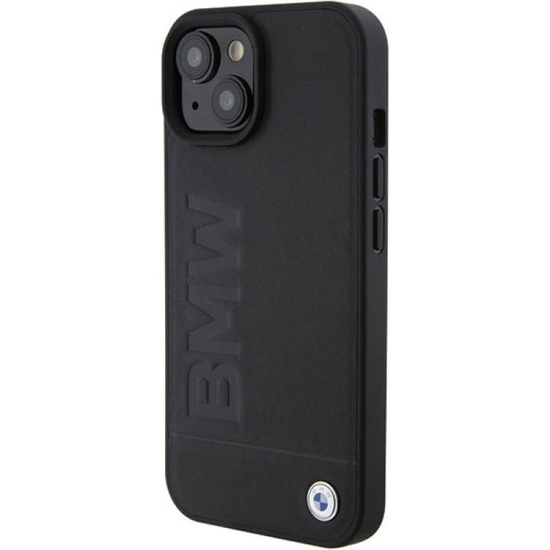 BMW BMHMP15MSLLBK Leather Hot Stamp MagSafe dėklas, skirtas Apple iPhone 15 Plus / 14 Plus, juodas