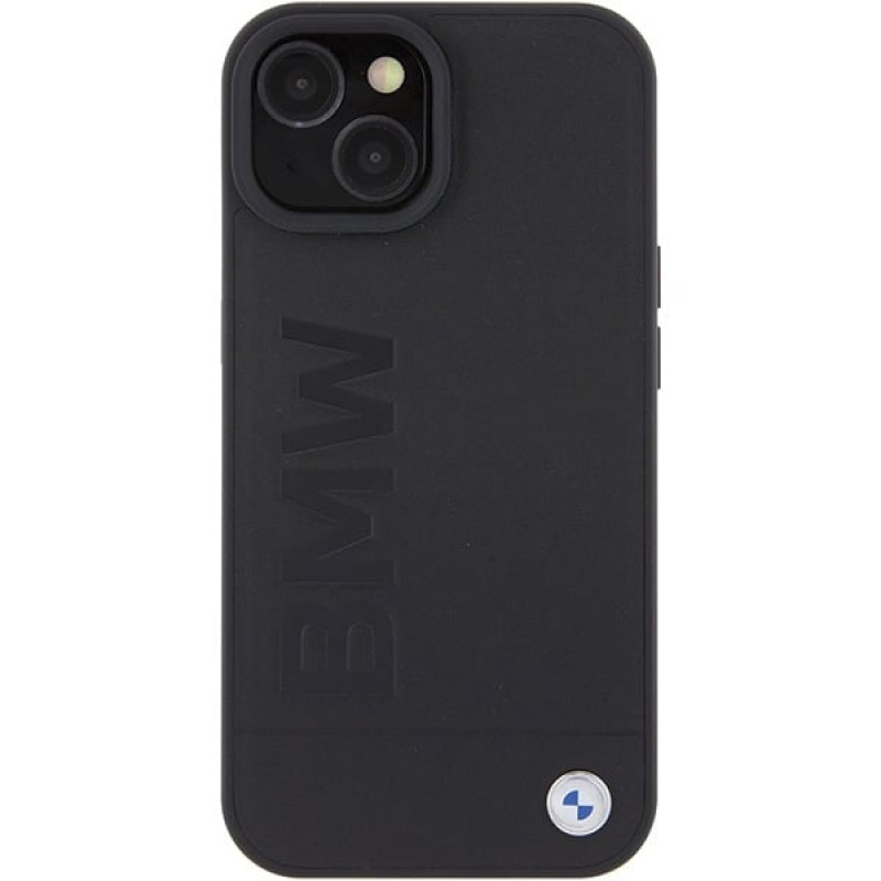 BMW BMHMP15MSLLBK Leather Hot Stamp MagSafe dėklas, skirtas Apple iPhone 15 Plus / 14 Plus, juodas