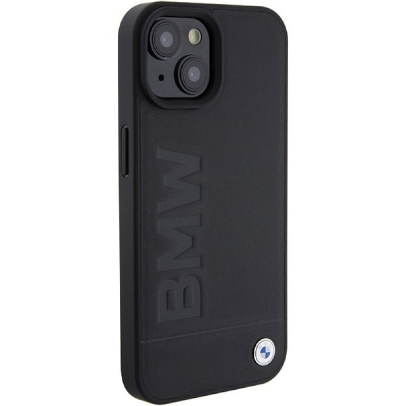 BMW BMHMP15MSLLBK Leather Hot Stamp MagSafe dėklas, skirtas Apple iPhone 15 Plus / 14 Plus, juodas