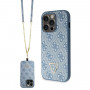 Guess GUHCP15LP4TDSCPB Crossbody 4G Metal Logo kietas dėklas su dirželiu Apple iPhone 15 Pro, mėlynas