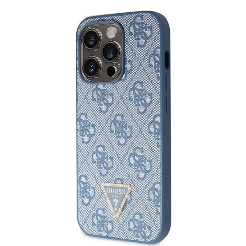 Guess GUHCP15LP4TDSCPB Crossbody 4G Metal Logo kietas dėklas su dirželiu Apple iPhone 15 Pro, mėlynas