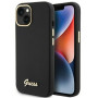 Guess GUHCP15SSMBSLK silikoninis kietasis dėklas su metaliniu logotipu ir rėmeliu, skirtas Apple iPhone 15 / 14 / 13, juodas