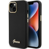 Guess GUHCP15SSMBSLK silikoninis kietasis dėklas su metaliniu logotipu ir rėmeliu, skirtas Apple iPhone 15 / 14 / 13, juodas