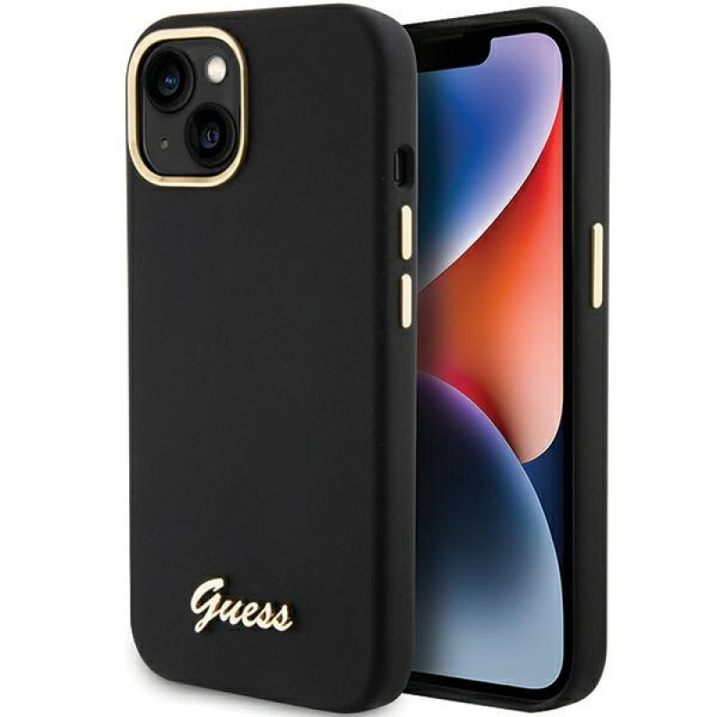 Guess GUHCP15SSMBSLK silikoninis kietasis dėklas su metaliniu logotipu ir rėmeliu, skirtas Apple iPhone 15 / 14 / 13, juodas