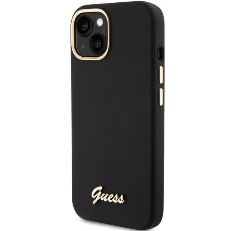 Guess GUHCP15SSMBSLK silikoninis kietasis dėklas su metaliniu logotipu ir rėmeliu, skirtas Apple iPhone 15 / 14 / 13, juodas