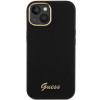 Guess GUHCP15SSMBSLK silikoninis kietasis dėklas su metaliniu logotipu ir rėmeliu, skirtas Apple iPhone 15 / 14 / 13, juodas
