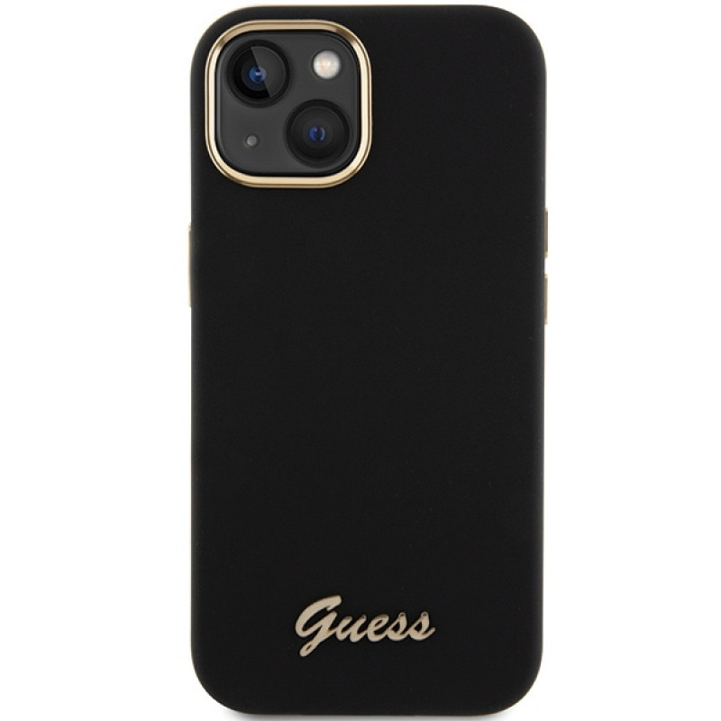 Guess GUHCP15SSMBSLK silikoninis kietasis dėklas su metaliniu logotipu ir rėmeliu, skirtas Apple iPhone 15 / 14 / 13, juodas