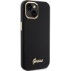 Guess GUHCP15SSMBSLK silikoninis kietasis dėklas su metaliniu logotipu ir rėmeliu, skirtas Apple iPhone 15 / 14 / 13, juodas