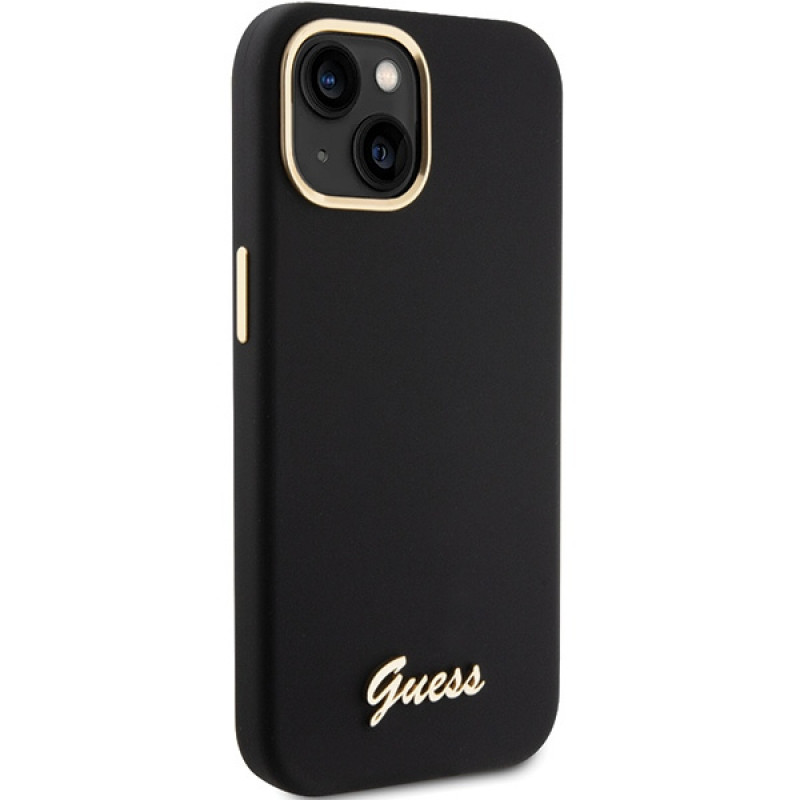 Guess GUHCP15SSMBSLK silikoninis kietasis dėklas su metaliniu logotipu ir rėmeliu, skirtas Apple iPhone 15 / 14 / 13, juodas