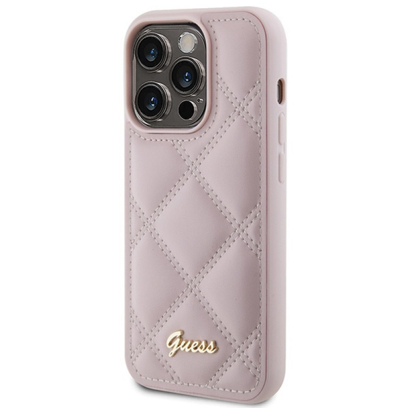 Guess GUHCP15LPSQSQSP Quilted Metal Logo kietasis dėklas, skirtas Apple iPhone 15 Pro, rožinis