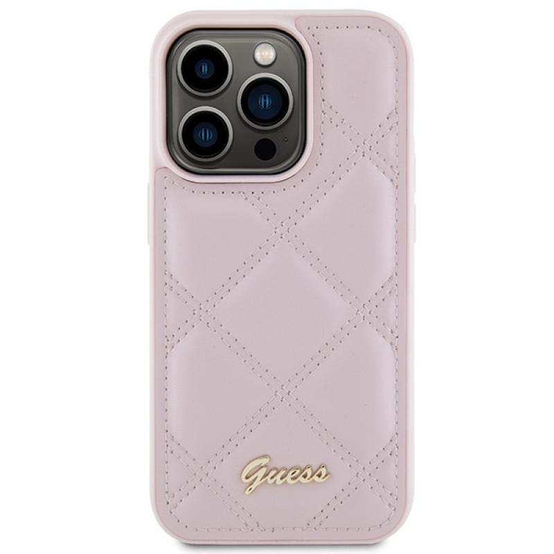 Guess GUHCP15LPSQSQSP Quilted Metal Logo kietasis dėklas, skirtas Apple iPhone 15 Pro, rožinis