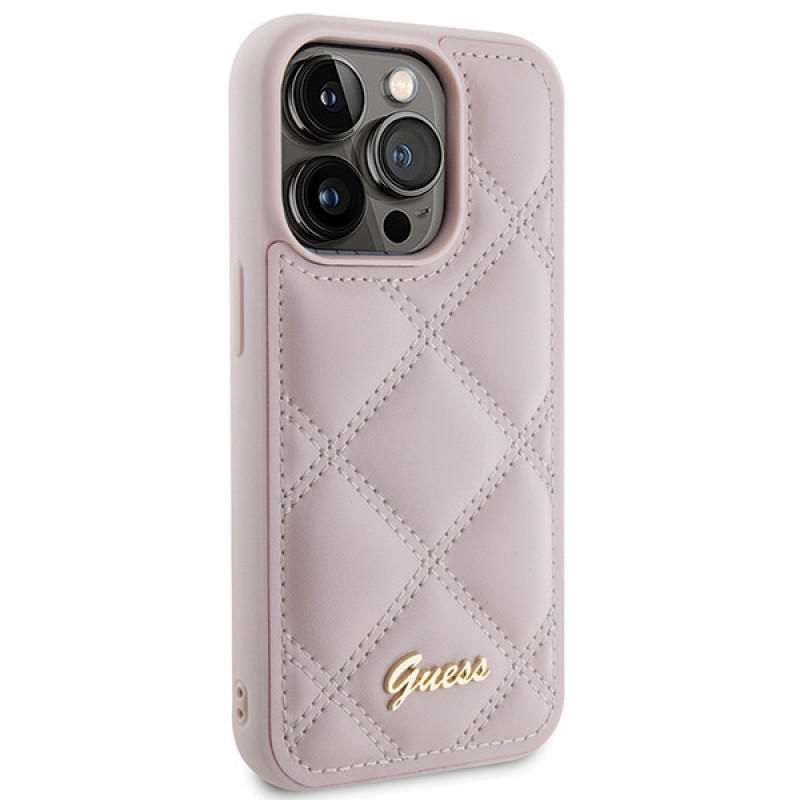 Guess GUHCP15LPSQSQSP Quilted Metal Logo kietasis dėklas, skirtas Apple iPhone 15 Pro, rožinis