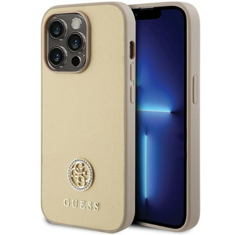 Guess GUHCP15LPS4DGPD PU 4G Strass Metal Logo dėklas, skirtas Apple iPhone 15 Pro, auksinis