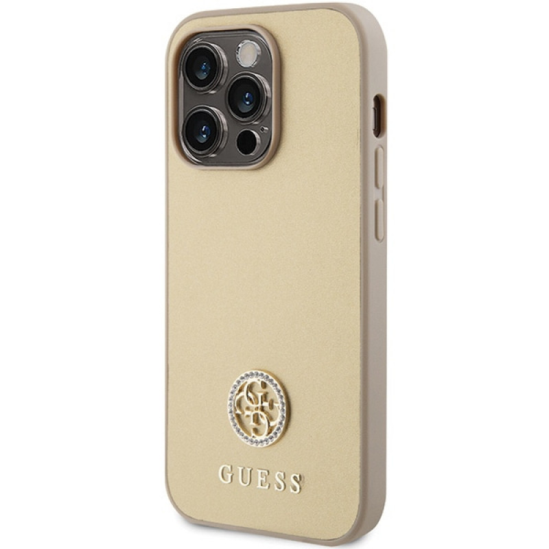 Guess GUHCP15LPS4DGPD PU 4G Strass Metal Logo dėklas, skirtas Apple iPhone 15 Pro, auksinis