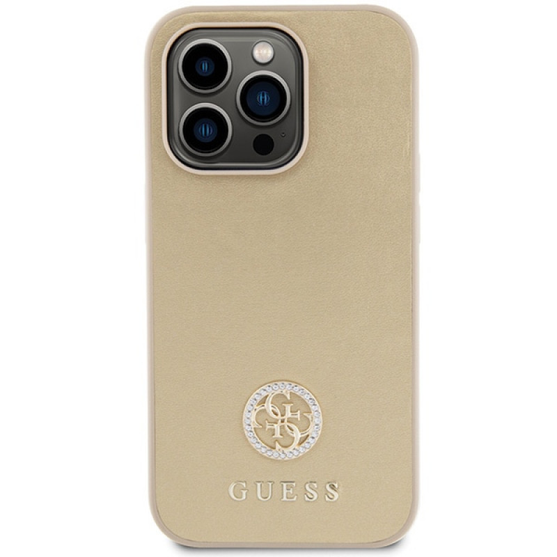 Guess GUHCP15LPS4DGPD PU 4G Strass Metal Logo dėklas, skirtas Apple iPhone 15 Pro, auksinis