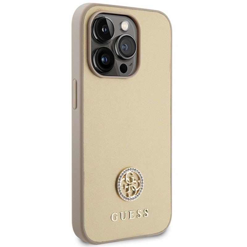 Guess GUHCP15LPS4DGPD PU 4G Strass Metal Logo dėklas, skirtas Apple iPhone 15 Pro, auksinis